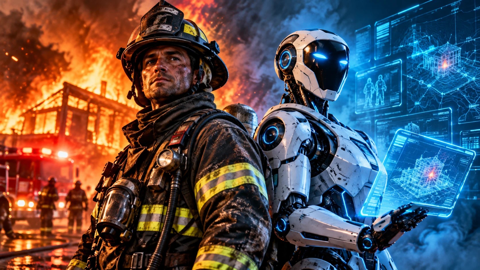 A firefighter in soot-streaked turnout gear stands back to back with a white humanoid robot holding a glowing building plan, with a house fire and fire engine behind them