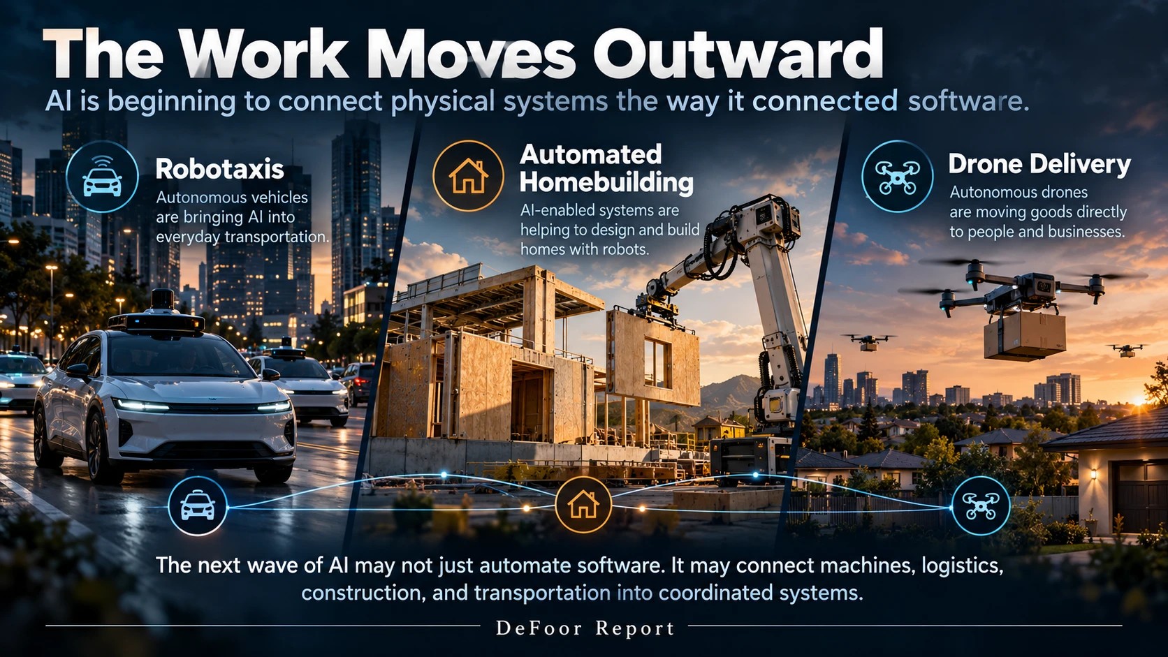 The Work Moves Outward: robotaxis, automated homebuilding and drone delivery, connected by AI