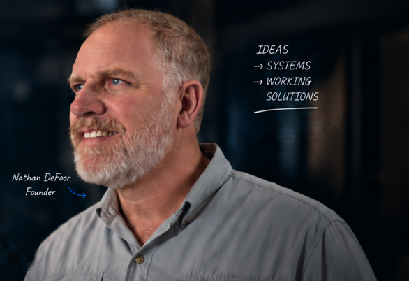 Nathan DeFoor, Founder, with the handwritten note: Ideas, then Systems, then Working Solutions